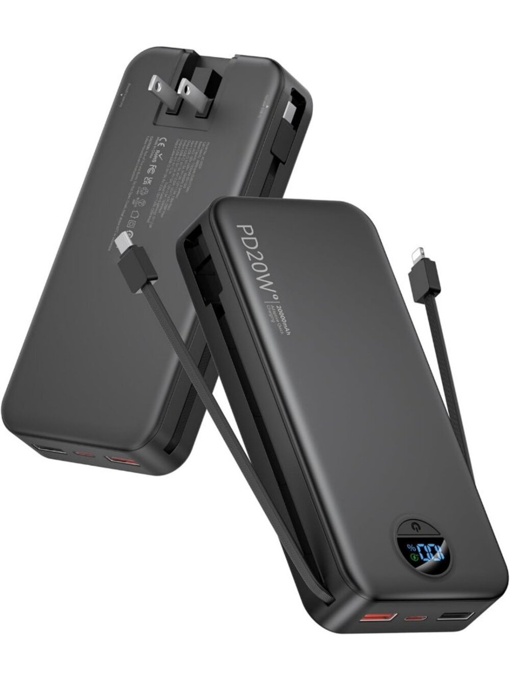 High-Capacity 20000mAh Portable Charger with Built-in Cables & Wall Plug - Black